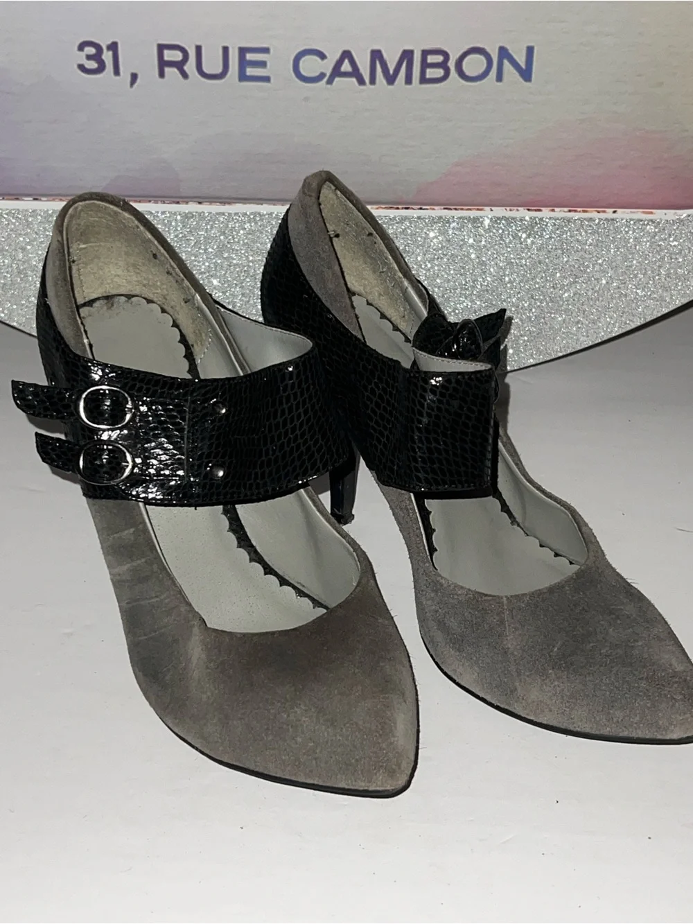 Women’s Two-Tone Suede Pointed-Toe Heels with Black Patent Strap